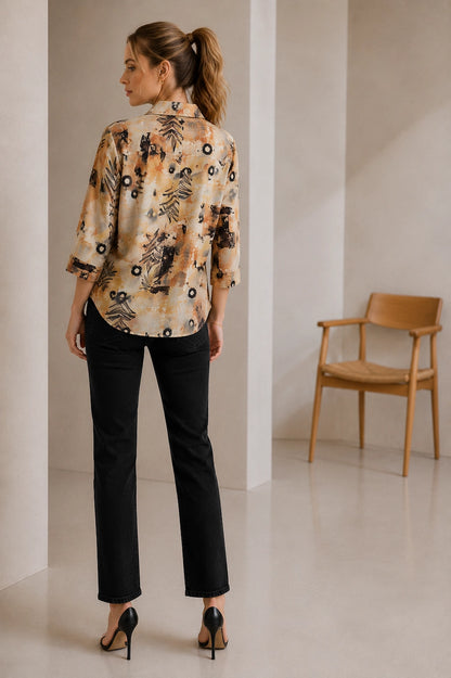 WomenBeige  Abstract Printed Casual Shirt Top