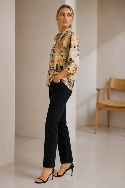 WomenBeige  Abstract Printed Casual Shirt Top