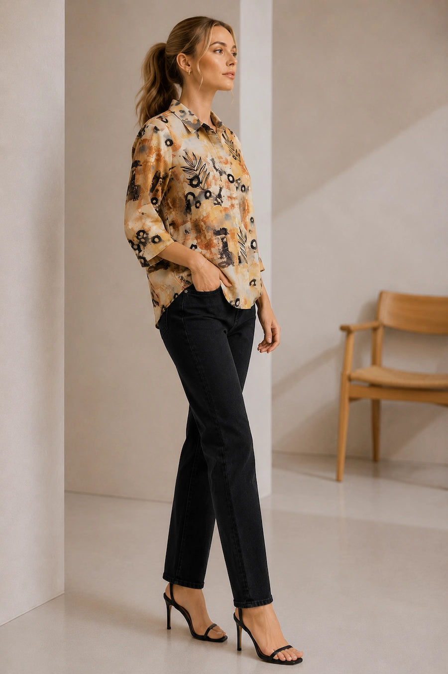 WomenBeige  Abstract Printed Casual Shirt Top
