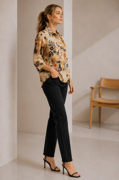 WomenBeige  Abstract Printed Casual Shirt Top