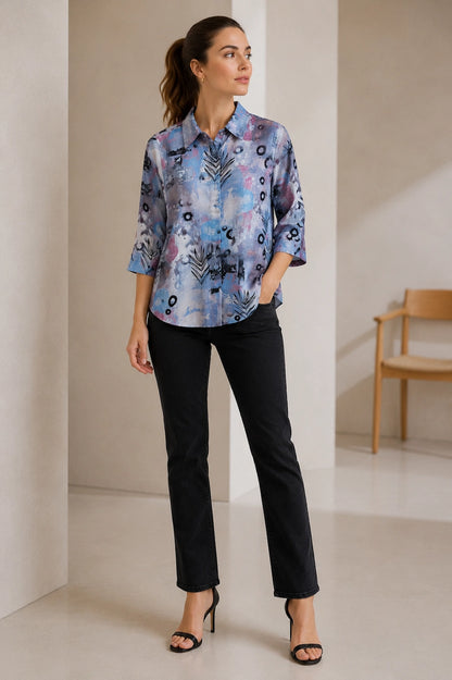 Women Blue Abstract Printed Casual Shirt Top