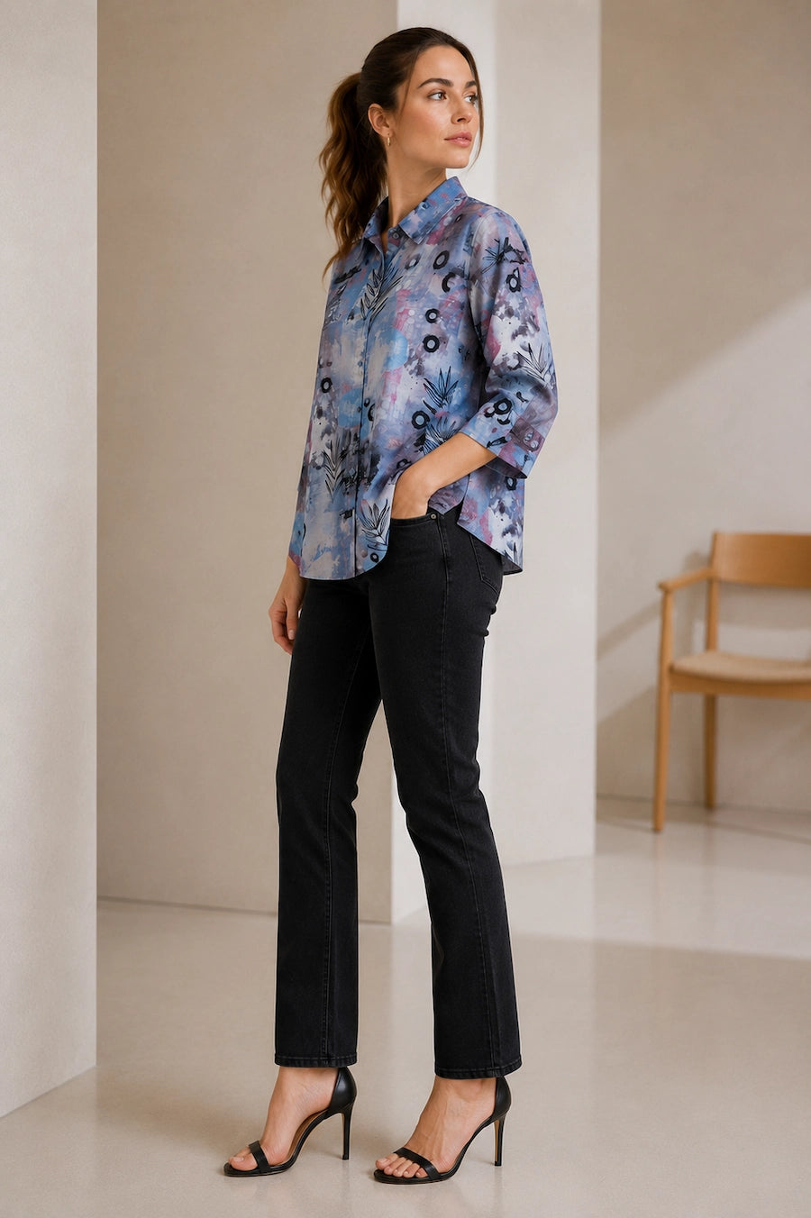 Women Blue Abstract Printed Casual Shirt Top