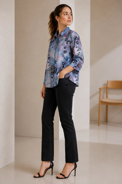 Women Blue Abstract Printed Casual Shirt Top