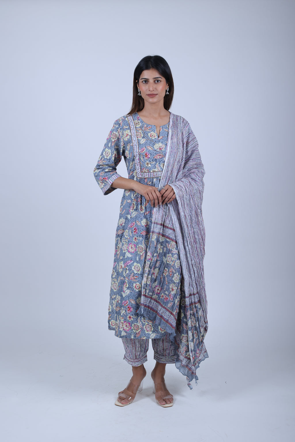 Grey Printed Kurta Set Three Piece Set