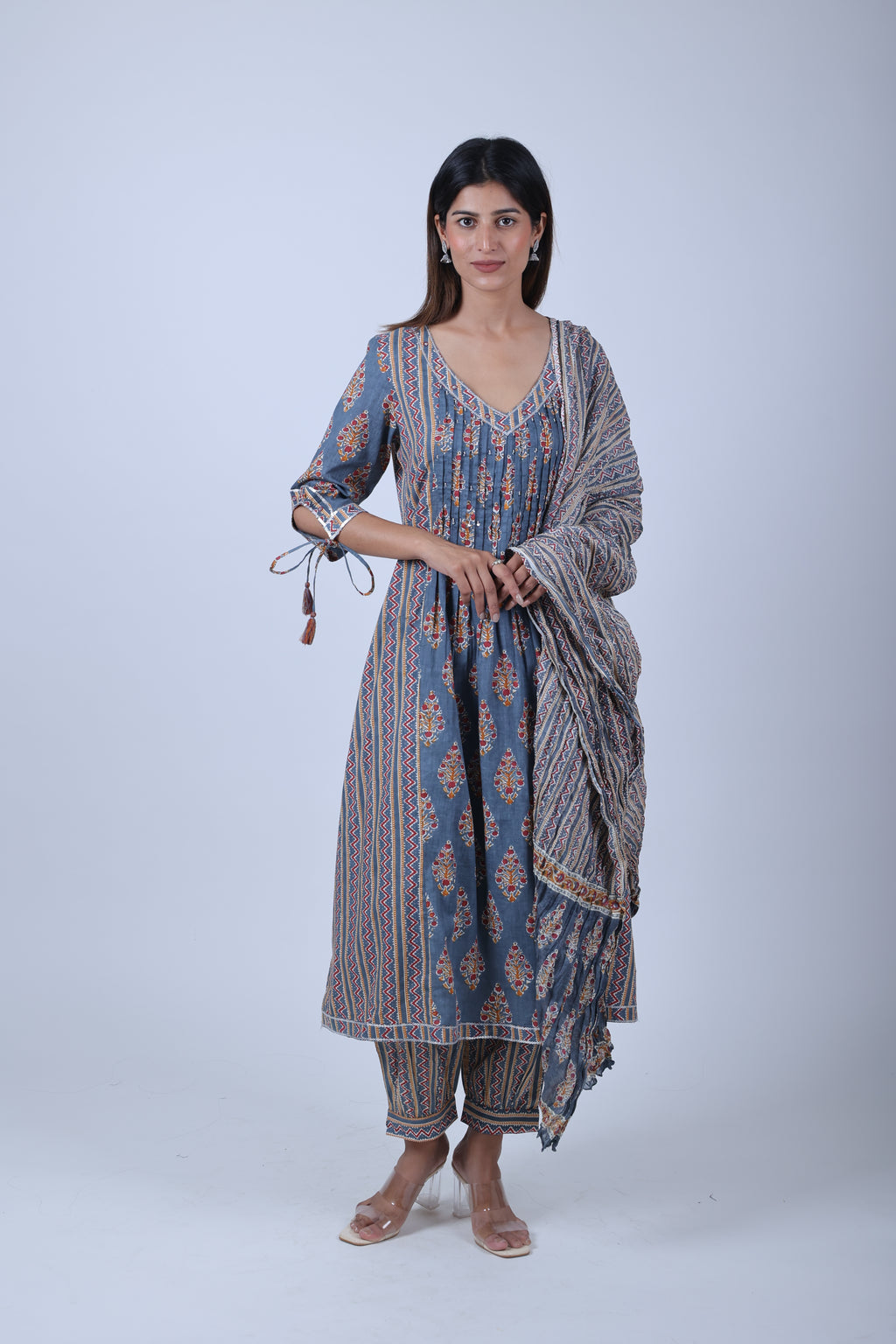 Three Piece Grey Printed Straight Kurta Set for Women with Dupatta and Pants