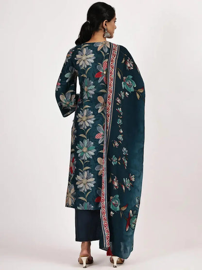Women’s Printed Deep Green Kurta with Pant Dupatta