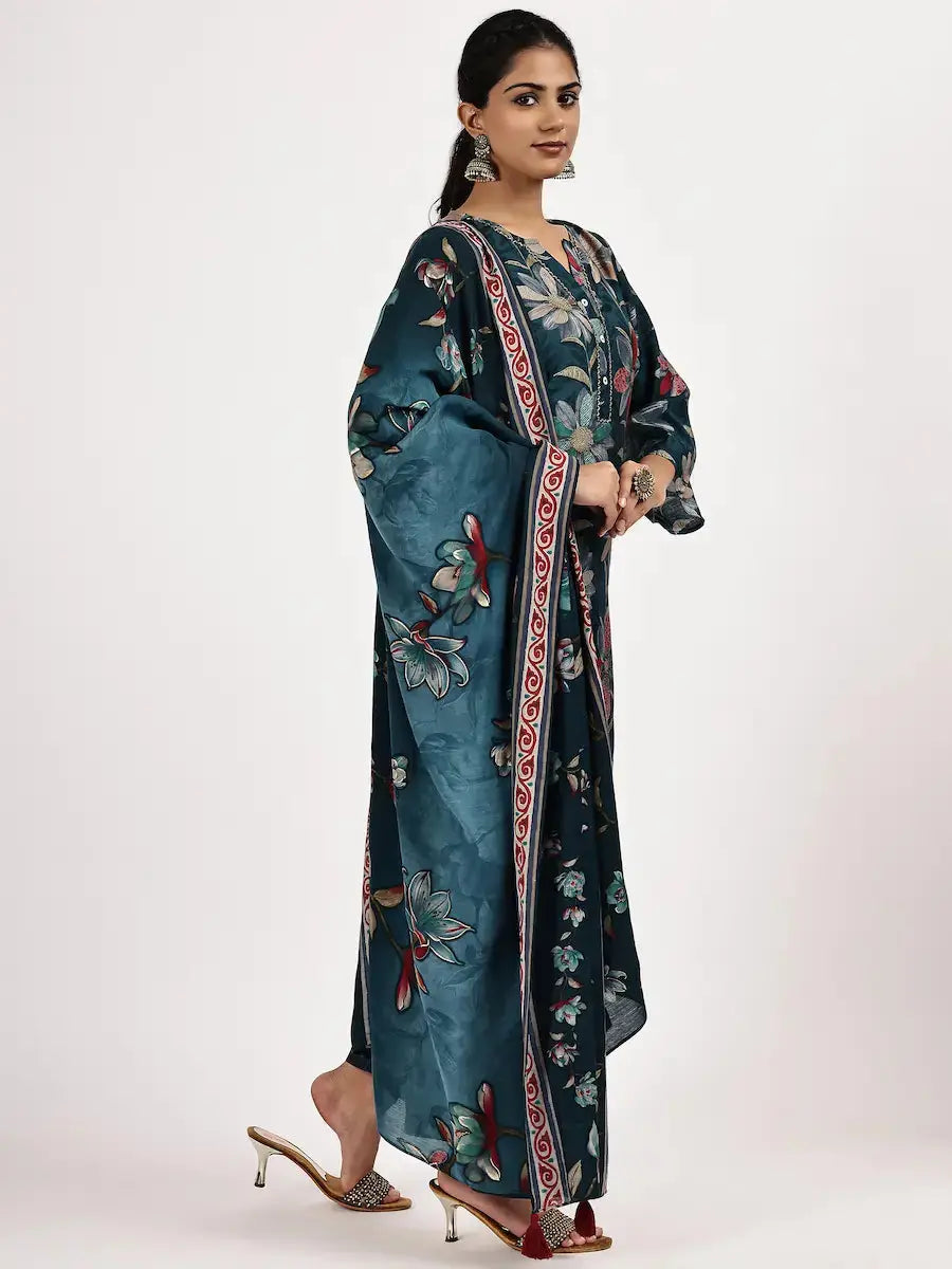 Women’s Printed Deep Green Kurta with Pant Dupatta