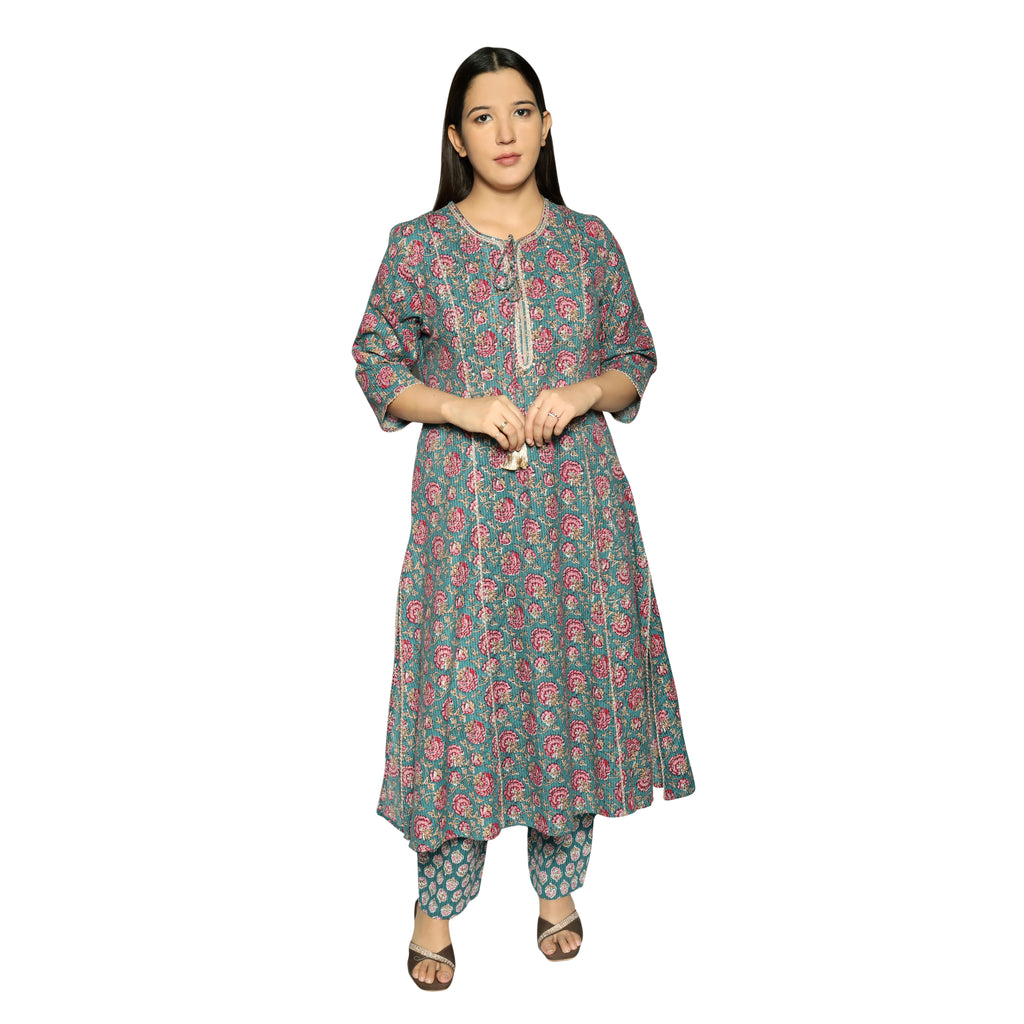 Sea Green Printed Straight Kurta Along With Pants