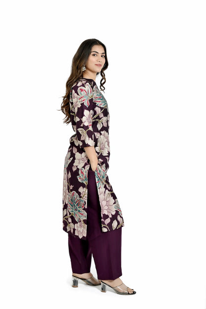 Mahrum-colored printed kurta with straight pants