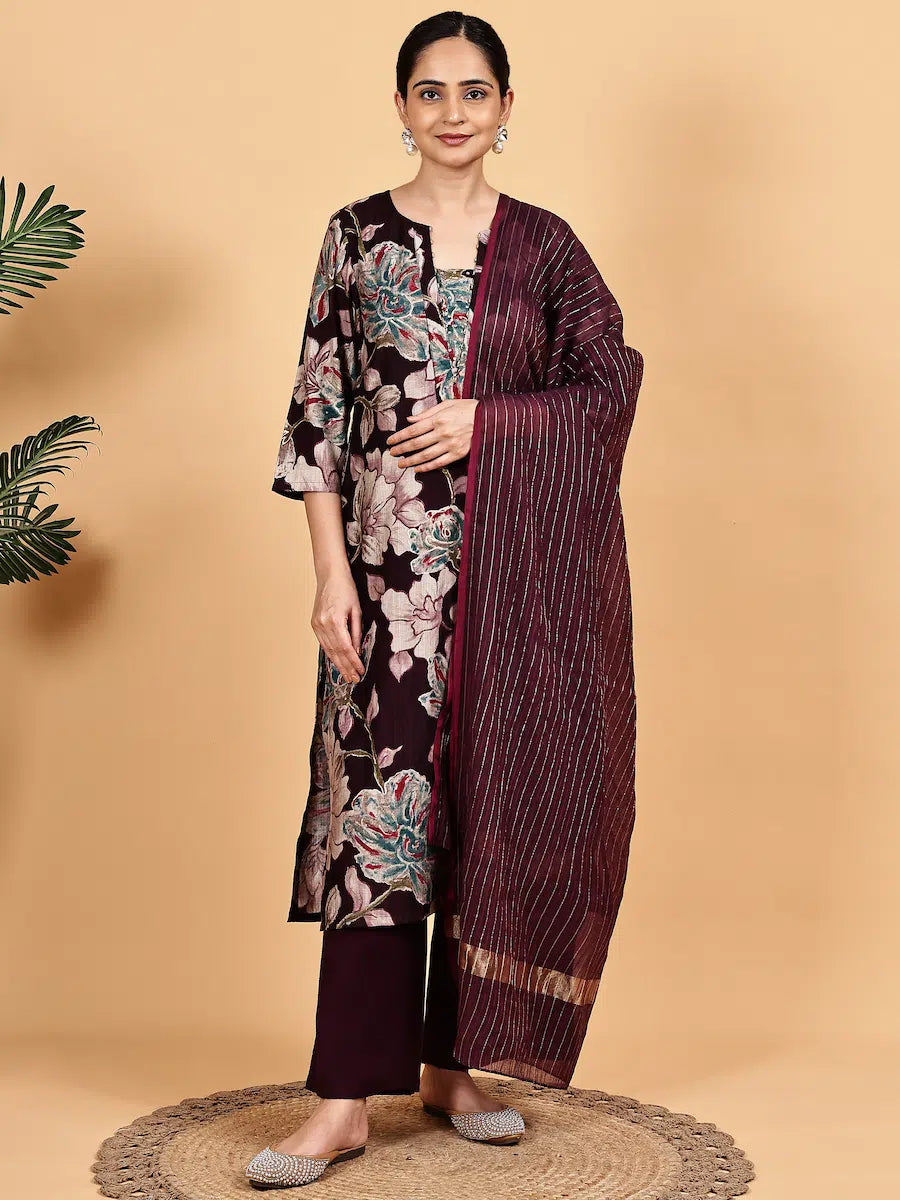 Maroon Floral Printed Kurta Set with Dupatta – Elegant Kurta Set for Women