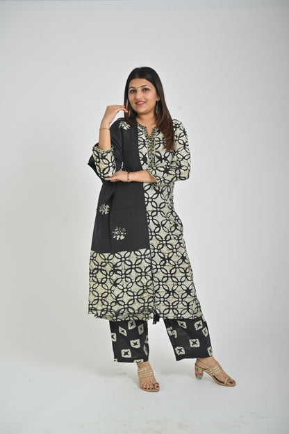 Black and White Printed Kurta with Palazzo and Solid Dupatta
