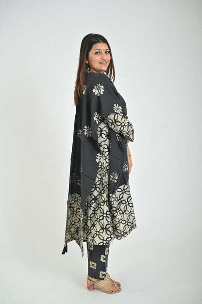 Black and White Printed Kurta with Palazzo and Solid Dupatta