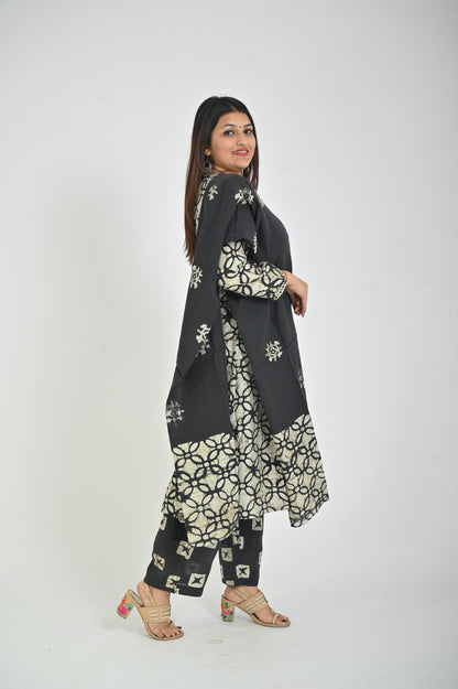 Black and White Printed Kurta with Palazzo and Solid Dupatta