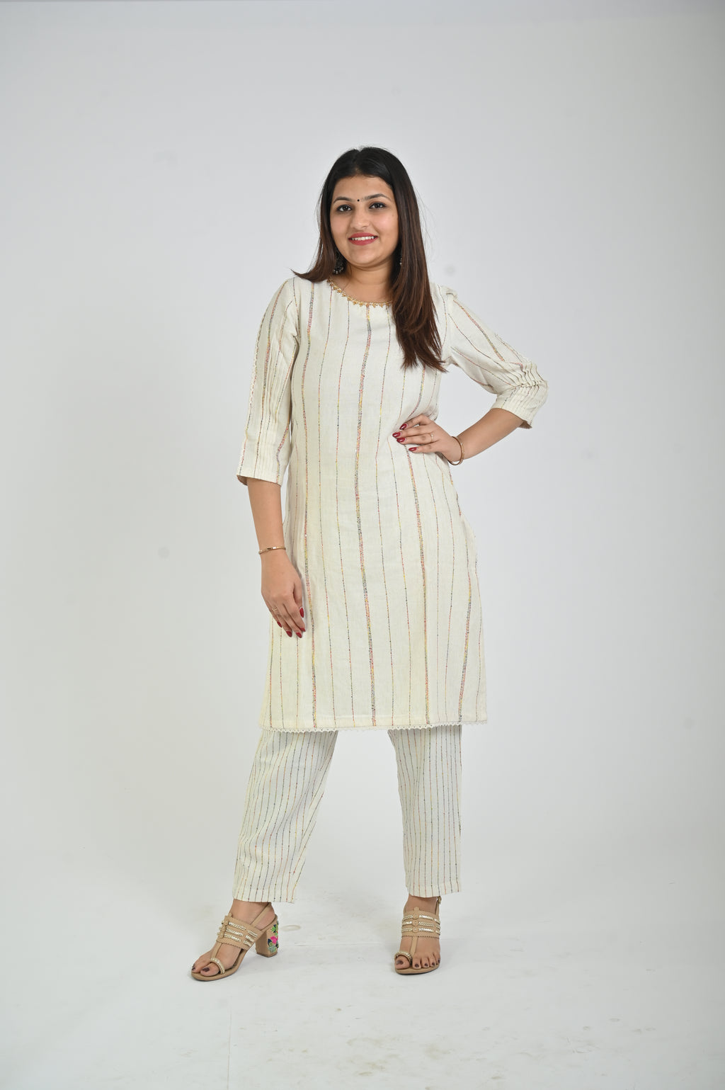White Printed Kurta with Matching Pants for Women