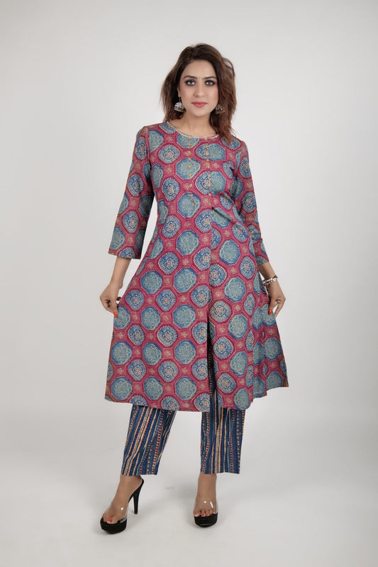 Blue printed kurta along with straight pants