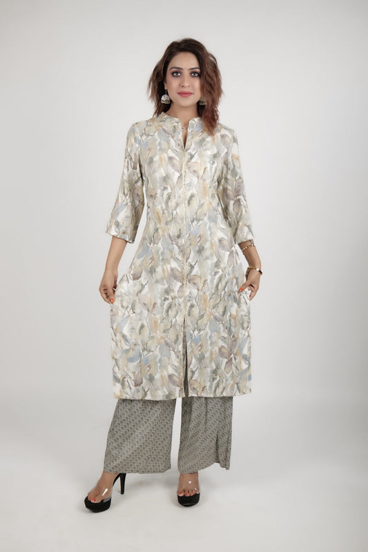 Grey white printed kurta along with straight pants