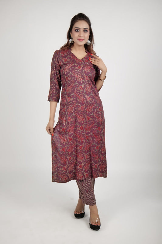 Red embossed printed kurta along with straight pants