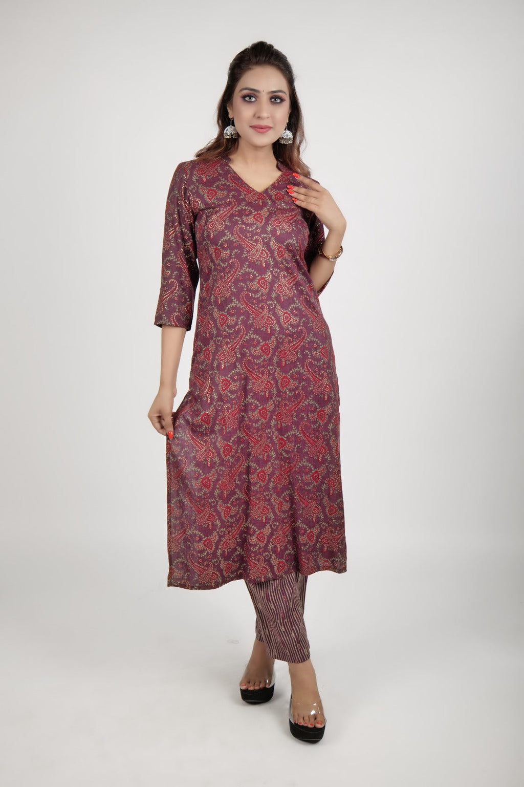 Red embossed printed kurta along with straight pants
