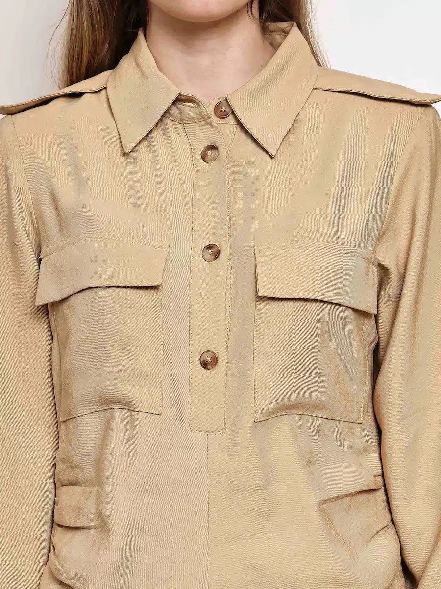 Beige Solid Shirt Maxi Dress - The Bebla