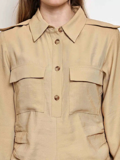 Beige Solid Shirt Maxi Dress - The Bebla