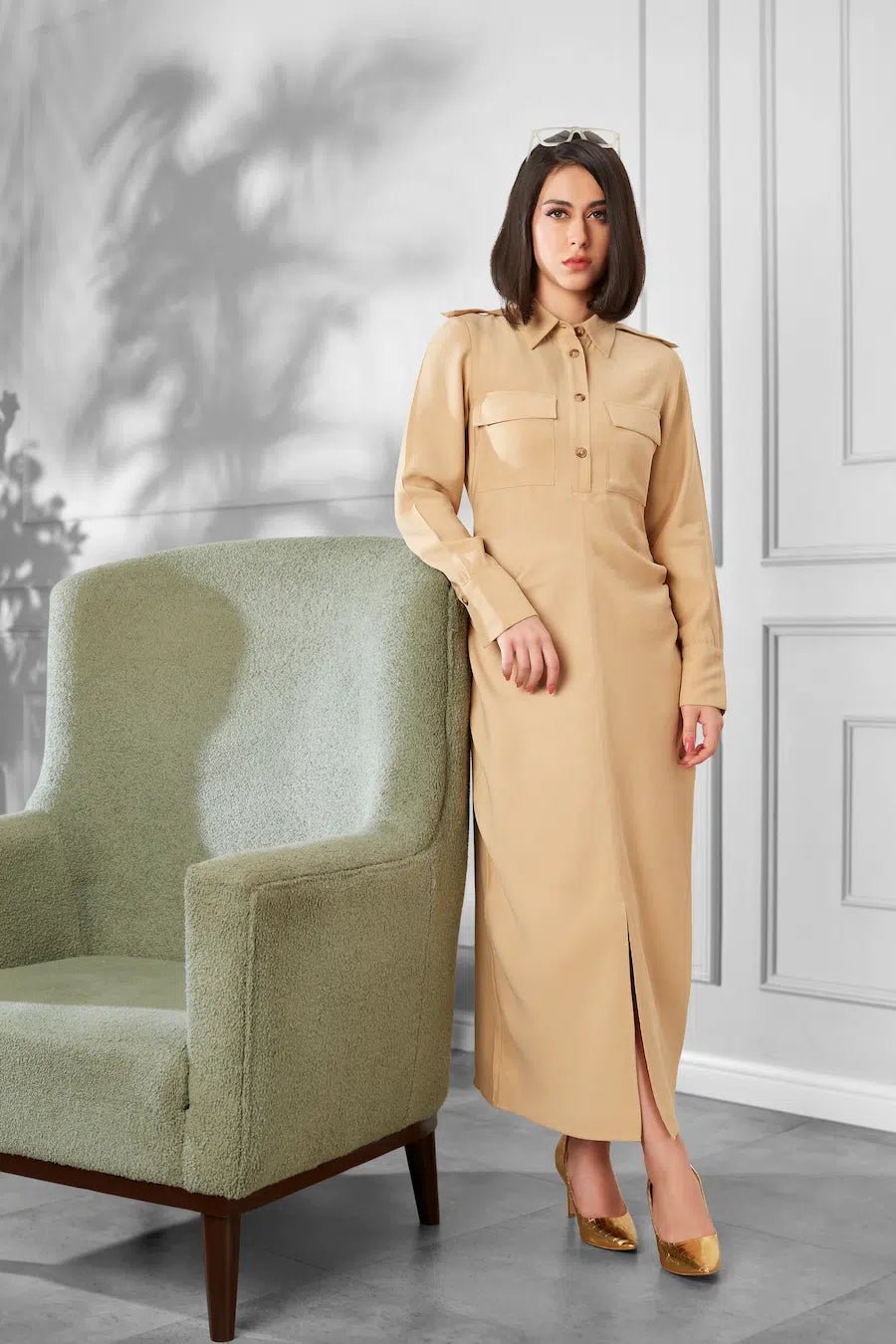 Beige Solid Shirt Maxi Dress - The Bebla