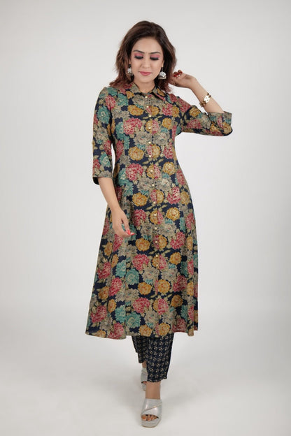 Black printed kurta along with straight pants - The Bebla