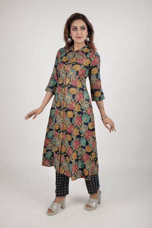 Black printed kurta along with straight pants - The Bebla