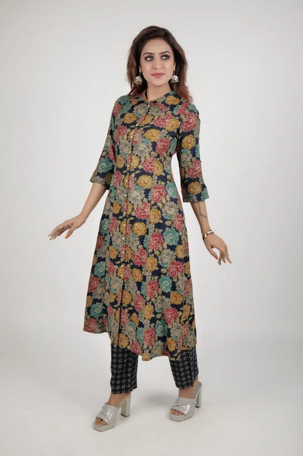 Black printed kurta along with straight pants