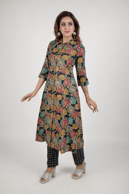 Black printed kurta along with straight pants - The Bebla