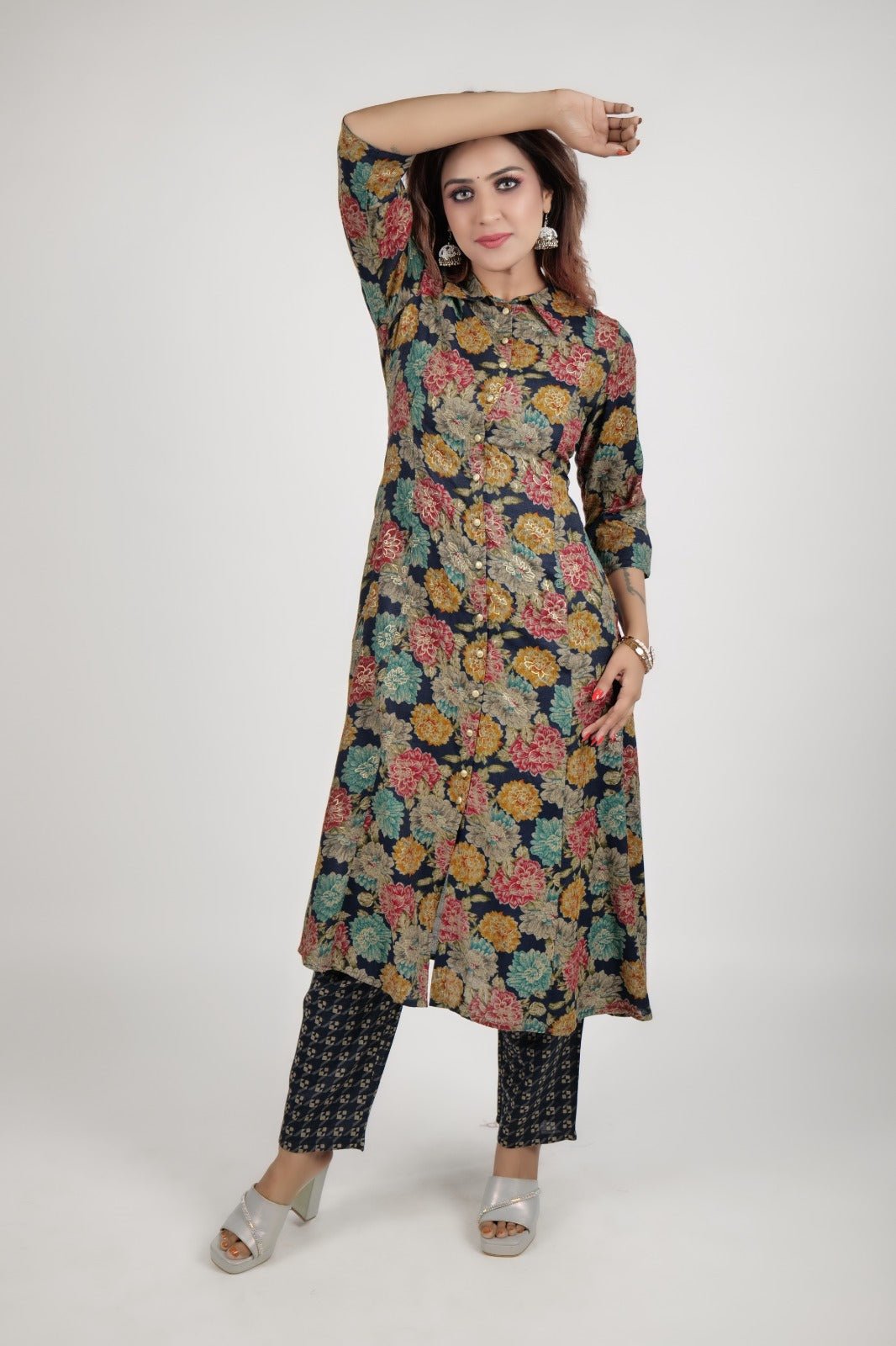 Black printed kurta along with straight pants - The Bebla