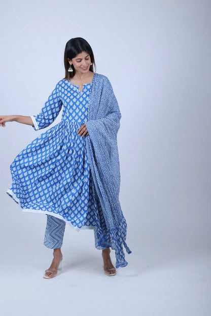 Blue Printed Anarkali Kurta Along With Printed Pants and Printed Dupatta - The Bebla