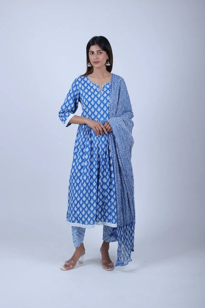 Blue Printed Anarkali Kurta Along With Printed Pants and Printed Dupatta - The Bebla