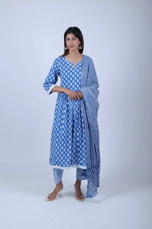 Blue Printed Anarkali Kurta Along With Printed Pants and Printed Dupatta - The Bebla