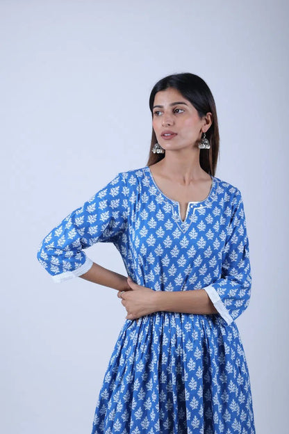 Blue Printed Anarkali Kurta Along With Printed Pants and Printed Dupatta - The Bebla