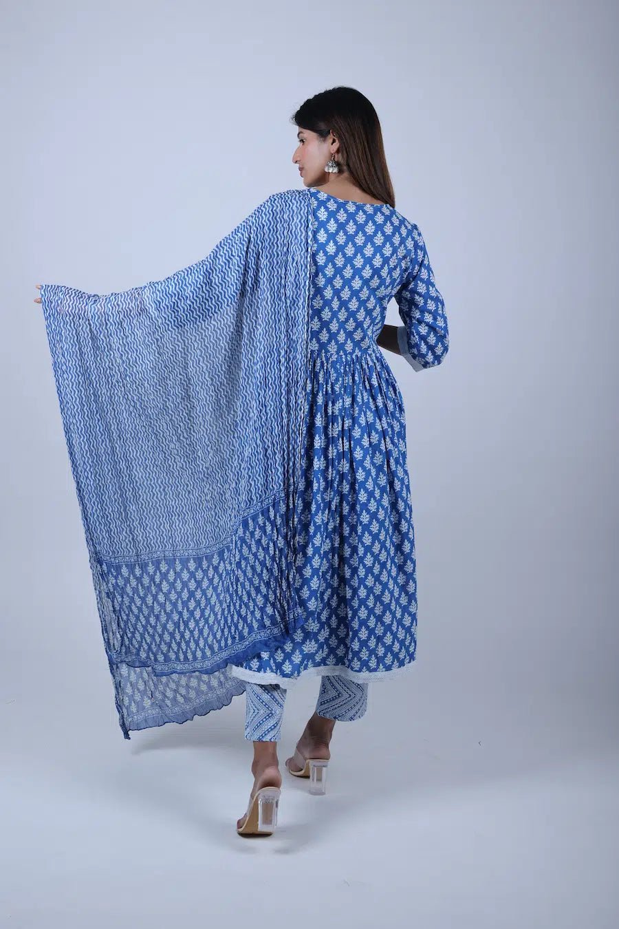 Blue Printed Anarkali Kurta Along With Printed Pants and Printed Dupatta - The Bebla