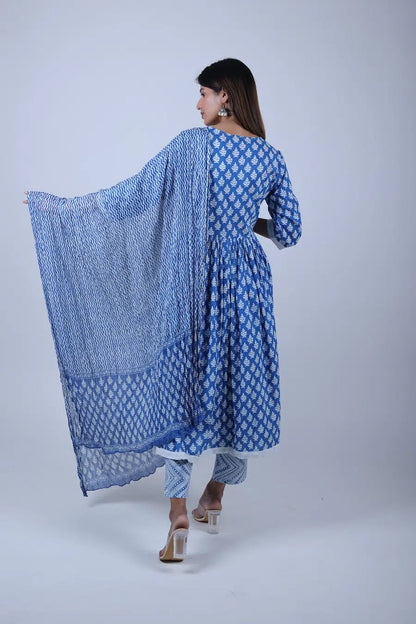 Blue Printed Anarkali Kurta Along With Printed Pants and Printed Dupatta - The Bebla