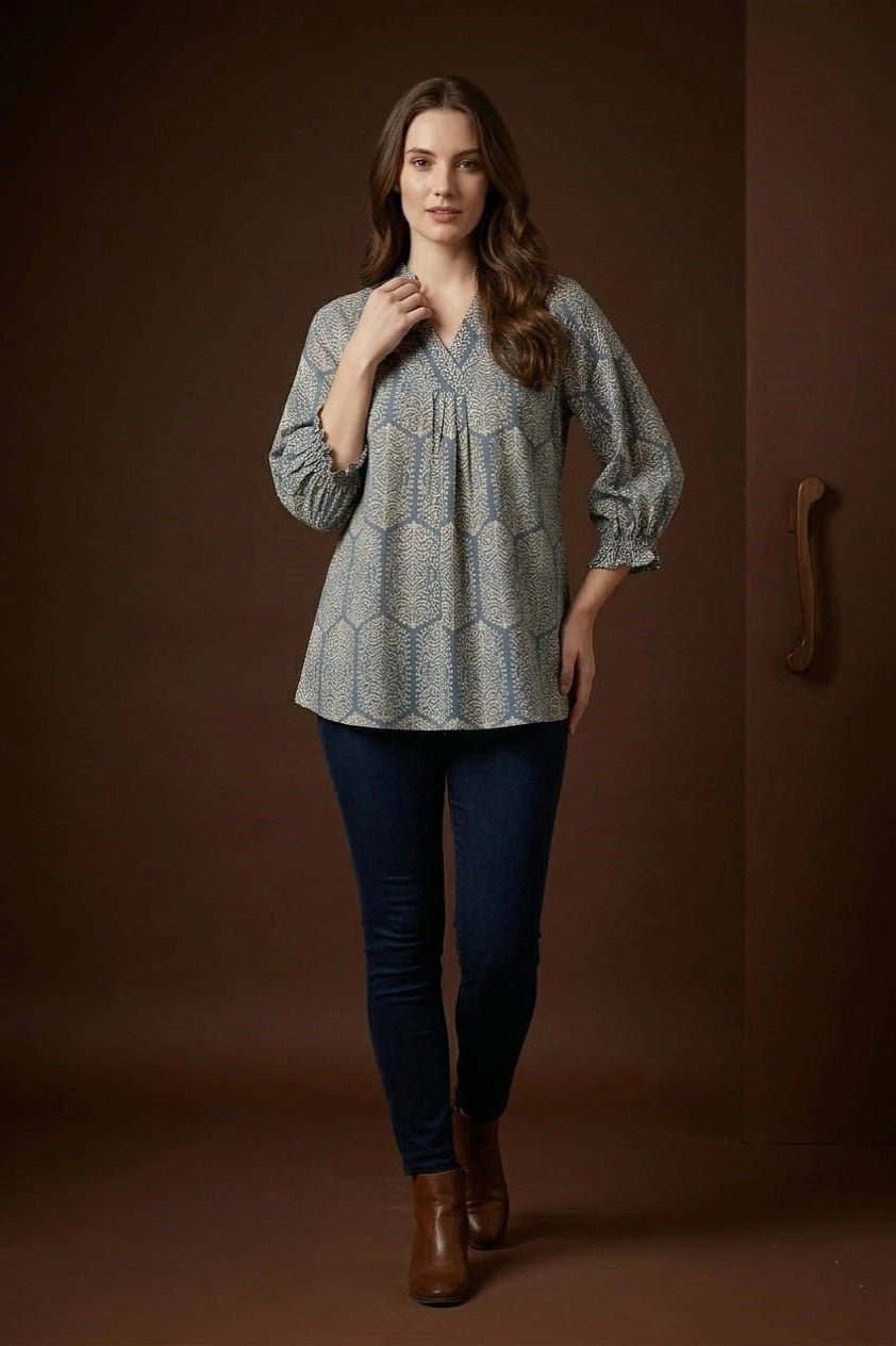 Blue Printed Flared Top for Women – Casual - The Bebla