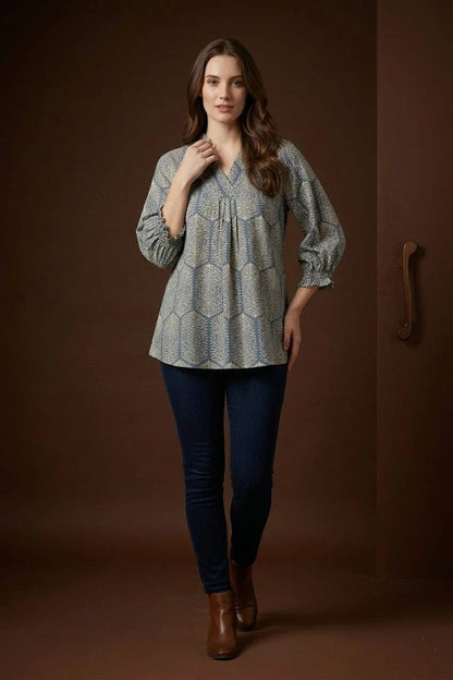 Blue Printed Flared Top for Women – Casual - The Bebla