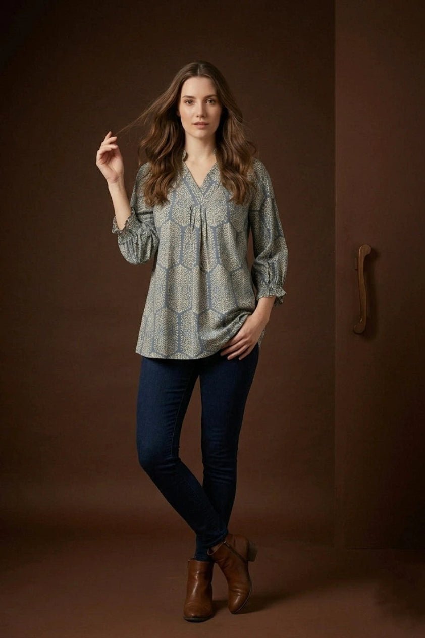 Blue Printed Flared Top for Women – Casual - The Bebla