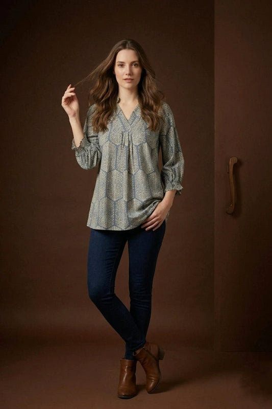 Blue Printed Flared Top for Women – Casual - The Bebla