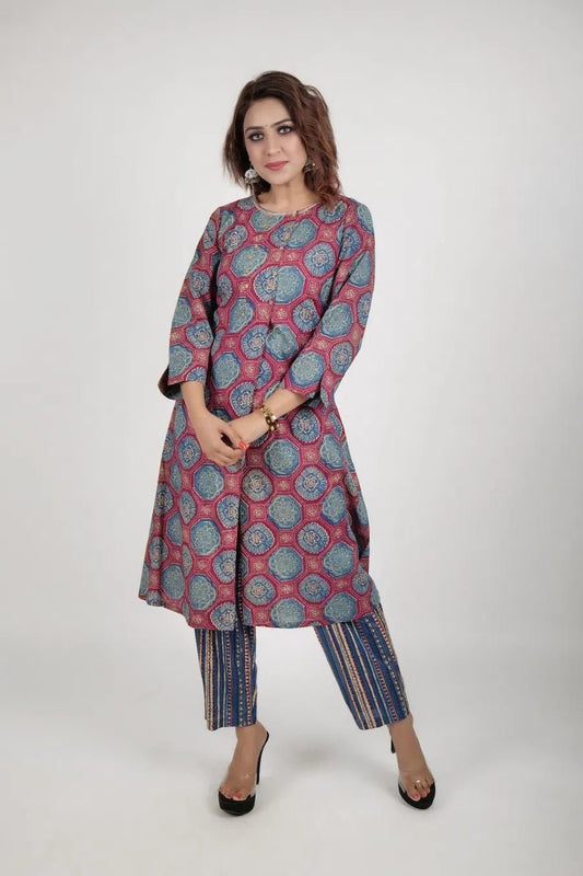 Blue printed kurta along with straight pants - The Bebla