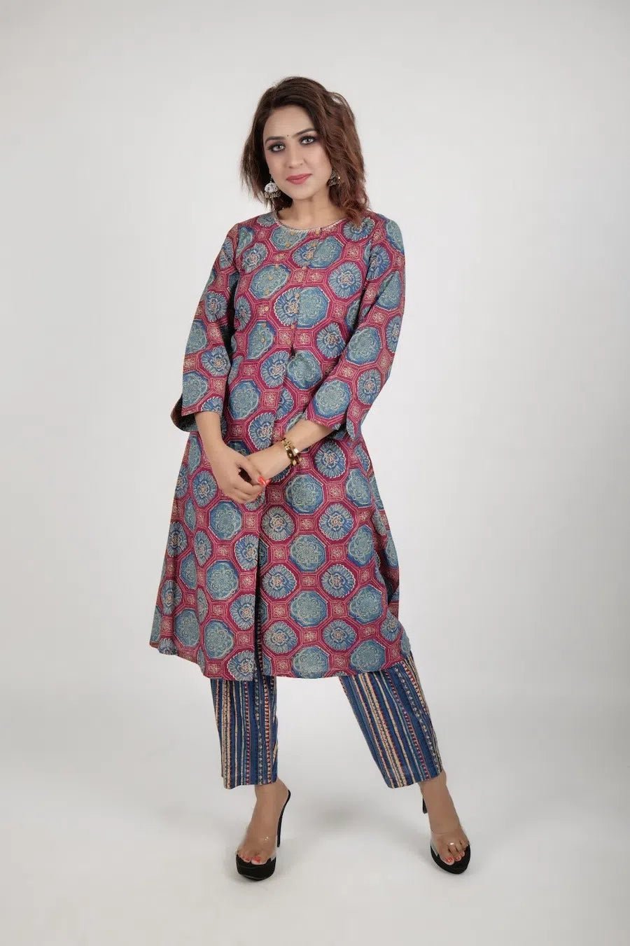 Blue printed kurta along with straight pants