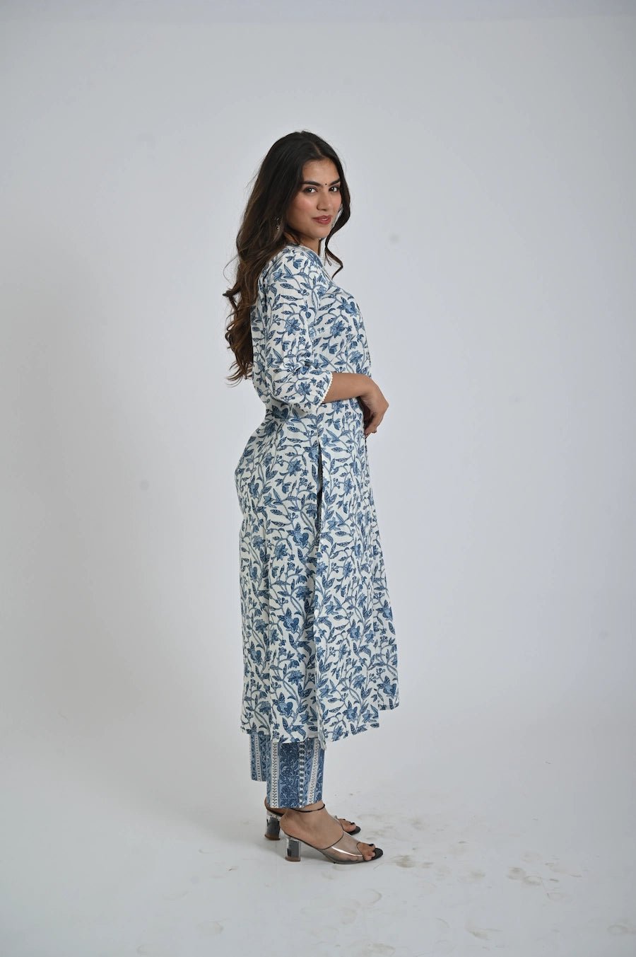 Blue Printed Kurta with Matching Pants for Women - The Bebla