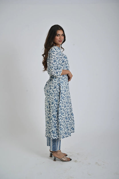 Blue Printed Kurta with Matching Pants for Women - The Bebla