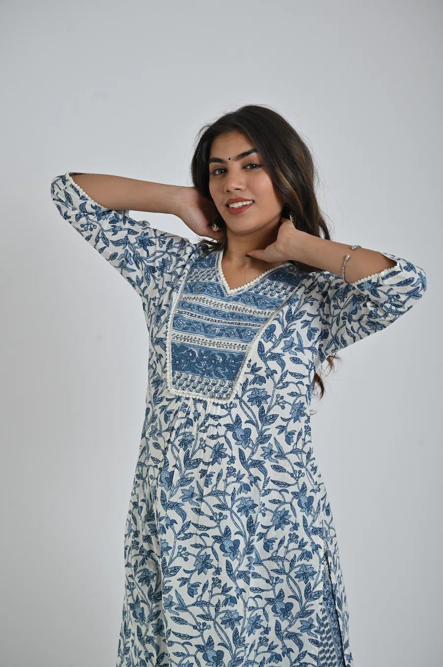 Blue Printed Kurta with Matching Pants for Women - The Bebla