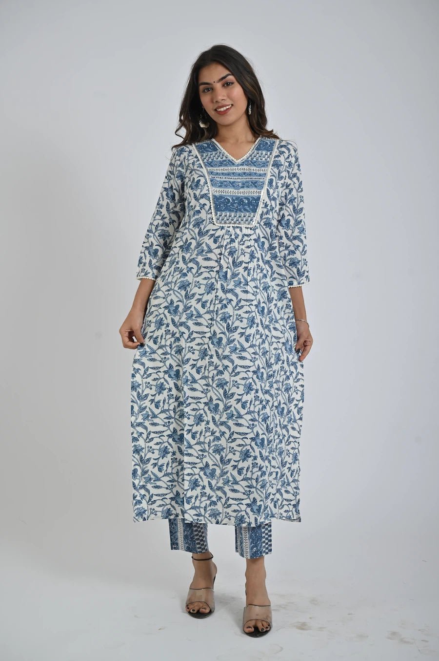 Blue Printed Kurta with Matching Pants for Women - The Bebla