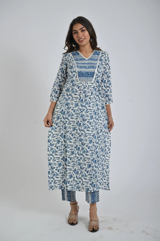 Blue Printed Kurta with Matching Pants for Women - The Bebla