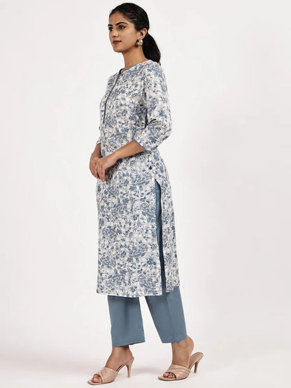 Blue & White Floral Printed Straight Kurta with Pants - The Bebla