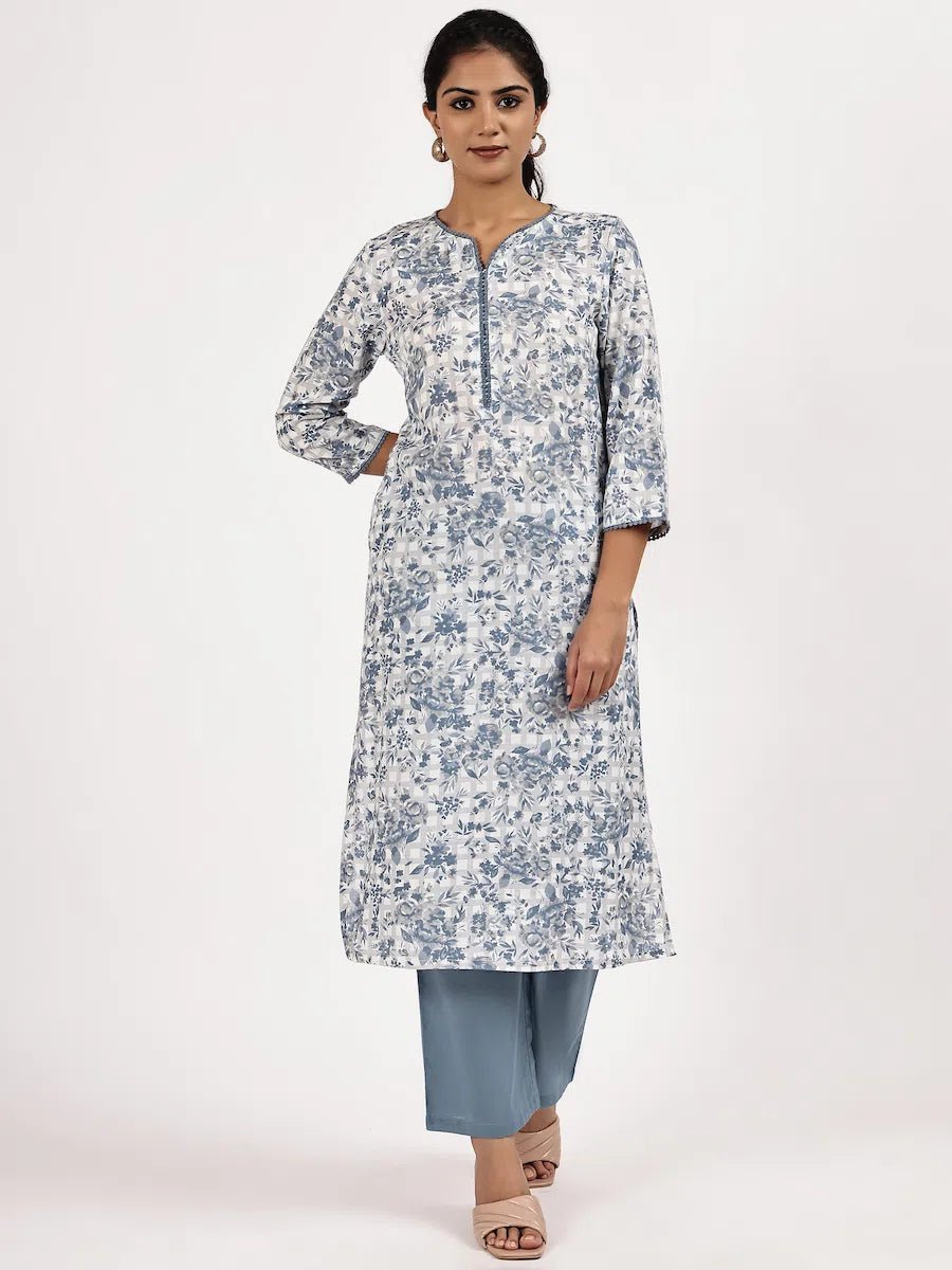 Blue & White Floral Printed Straight Kurta with Pants - The Bebla
