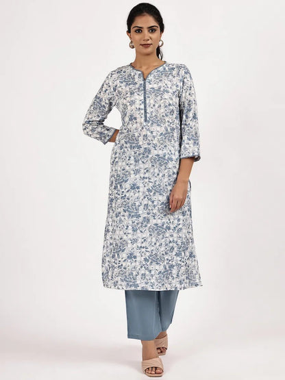 Blue & White Floral Printed Straight Kurta with Pants - The Bebla